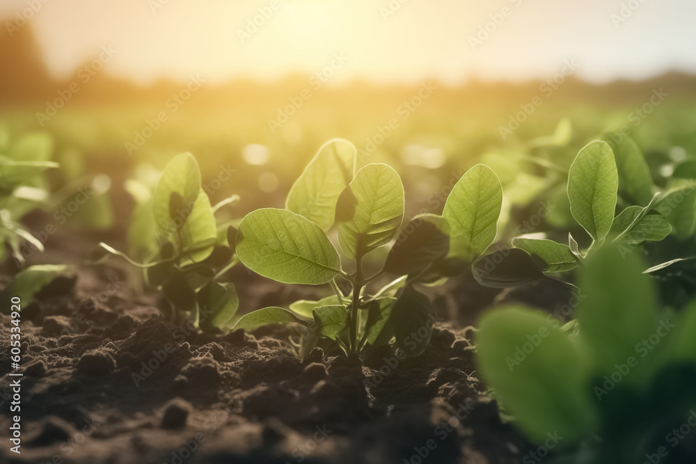 Green soybean plant closeup on a farm during the growing season. Rows ...
