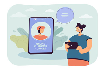 Aufkleber - Young woman talking to web consultant vector illustration. Cartoon virtual assistant advising client via chat messenger app on smartphone. Online customer support, artificial intelligence concept