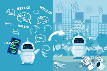 Aufkleber - Environmental impact of using AI chatbots vector illustration. Drawing of comic robot answering questions and causing danger to environment. Artificial intelligence, modern technology, ecology concept