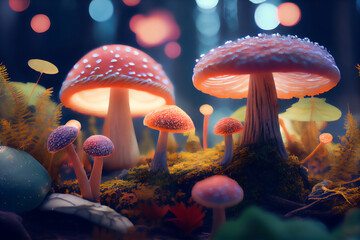 Wall Mural - cartoon fantasy mushroom forest. Generative AI