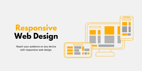Responsive Web Design Banner on Light Background. Stylish Web Design Banner with Black and Yellow Text and Icons for Business and Marketing