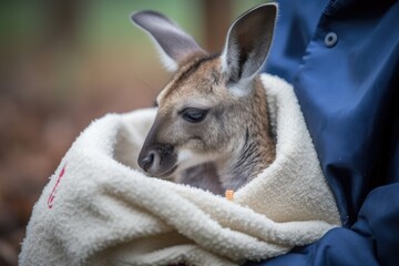 Poster - kangaroo licking its paw, in the warm and cozy pouch, created with generative ai