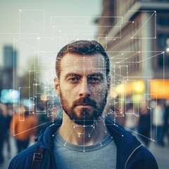 Poster - facial recognition technology excels at detecting a man face within a crowd, big data analysis