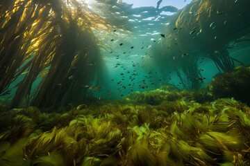 Wall Mural - kelp forest with schools of fish swimming among the fronds, created with generative ai