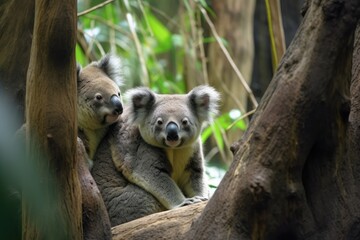 Wall Mural - koala clings to mother's back as they make their way through the forest, created with generative ai