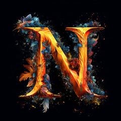 Canvas Print - The letter N in a mythical way on black background,Generative AI 