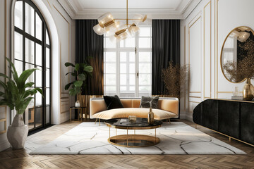 Luxury living room in art deco style with golden, black and white colors. Super photo realistic background, generative ai illustration