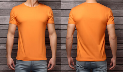 plain orange t-shirt mockup template, photo studio with male model, with view, front and back, generative ai