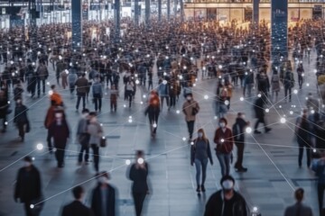 Poster - Face recognition technology: crowd of people walking recognized and identified by facial detection