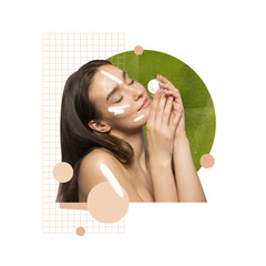 Wall Mural - Beautiful young woman with healthy, smooth, well-kept skin applying face moisturizing cream. Creative conceptual design. Concept of cosmetology, female beauty, skin care, health, cosmetics, spa