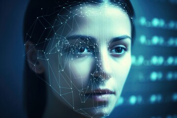 Poster - woman face futuristic scanning for facial recognition and biometric user scanning and identification