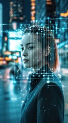 Poster - face of beautiful woman in city background is scanned using facial recognition, vertical