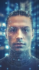 Poster - concept of authentication by face recognition, innovative security systems biometric identification