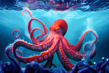 Wall Mural - red big octopus in the sea. Generative AI, Generative, AI