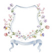 Watercolor Crest with Wildflowers on the white Background. Wedding Design.