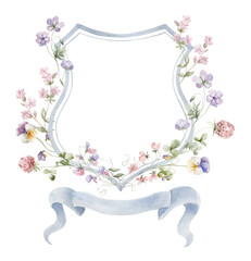 Watercolor Crest with Wildflowers on the white Background. Wedding Design.