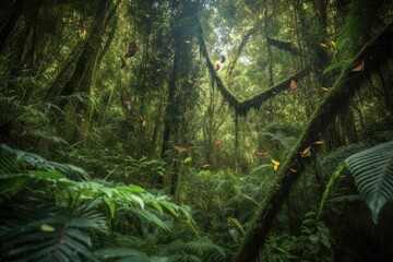 Wall Mural - butterflies fluttering over lush rainforest, created with generative ai