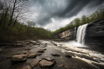 Wall Mural - dramatic waterfall scene with stormy clouds overhead, created with generative ai