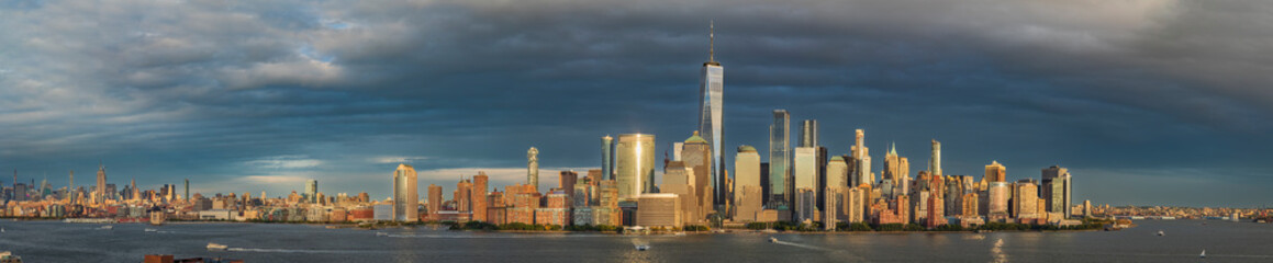 Lower Manhattan skyline view from Hudson riverside in Jersey City New Jersey