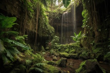 Wall Mural - lush jungle with towering waterfalls and lush greenery, created with generative ai