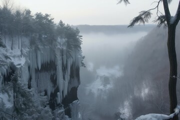 Wall Mural - frozen waterfall in foggy forest, with a view of the valley below, created with generative ai