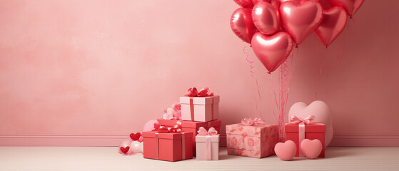 red and pink balloon heart shape in pink studio with gift boxes, Generative AI