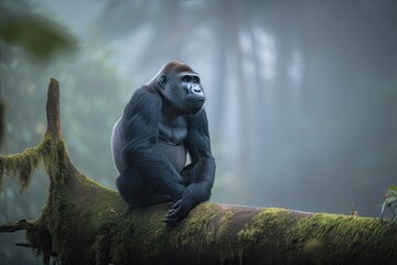 Wall Mural - gorilla in the misty forest, sitting on a tree branch, created with generative ai