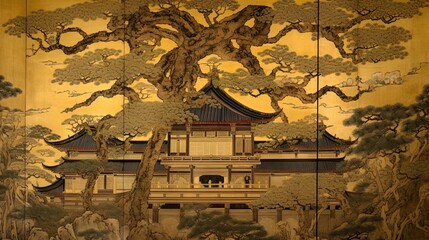 Wall Mural - retro design with dynamic impression of an old abandoned mansion in traditional japanese ukiyo-e abs