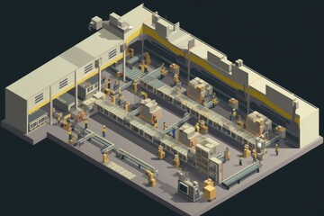 Wall Mural - isometric view of factory floor, with robotic arms and assembly lines in motion, created with generative ai