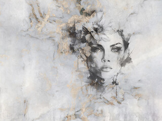 beautiful woman's face with a flower on her head. mural on marble.