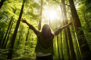 Beautiful woman with raising up her hands in forest. Freedom. Generative AI