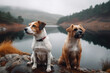 © artem - two dogs stands in the mountains. Generative AI