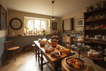 tearoom, with selection of artisan breads and pastries for guests to enjoy, created with generative ai