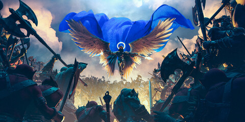 angelic demon flying and fighting over a horde of orcs with a blue cape and spread wings in an epic 