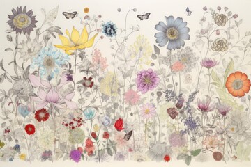 Wall Mural - floral pattern on sheet of paper, with illustration of different flowers and blooms, created with generative ai