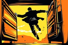 Illustration Of A Secret Agent Escaping From A Pursuing Vehicle, Jumping Over Obstacles , Exemplifying Their Resourcefulness And Ability To Think On Their Feet. Generative AI