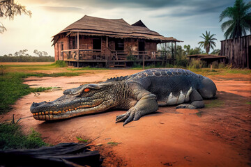 Wall Mural - Crocodile on the farm. Generative AI