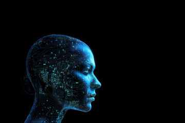 Outline of female head with circuit board design. Concept of artificial intelligence big data cyber technology. Generative AI.