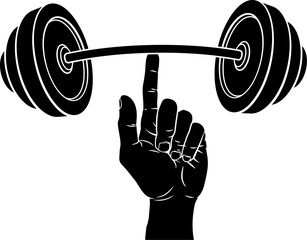A super strong weight lifting or weightlifting hand holding a heavy barbell or dumbbell with one finger concept.