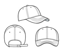 Cap Vector Illustration. Baseball Cap Fashion Flat Technical Drawing Template. Isolated On White. Front, Side, And Back View. Unisex, CAD Mock-up.	