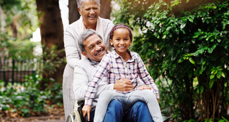 Poster - Grandparents, park and a senior man in a wheelchair together with his wife and adorable granddaughter. Person with a disability, love or time with a happy girl child and her mature family in a garden