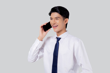 Sticker - Portrait young asian businessman using smartphone talking isolated on white background, business man standing and speak with smart phone with confident, male using telephone, cut out, one person.