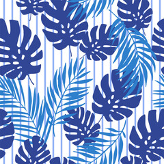 Wall Mural - Navy blue tropical leaves on striped background. Seamless tropical pattern