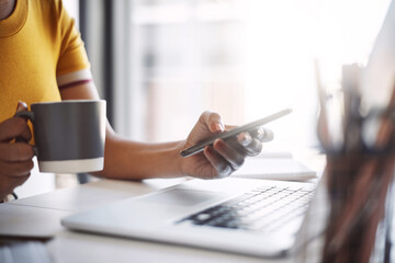 Poster - Smartphone, hands and searching or laptop, coffee and work in home office or shopping, browsing and mobile communication. Closeup, woman and social media, internet or online work with notebook