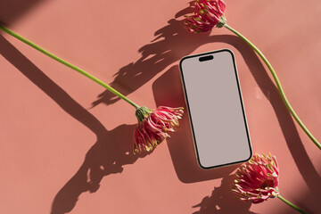 mobile phone with blank clipping path screen, pink gerber flowers over bright salmon pink background