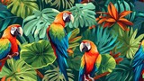 Fototapeta Sypialnia - Seamless tropical background with parrots, flowers, and leaves