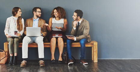 Aufkleber - Business people, hiring wait and work conversation before a job interview and sitting in line. Communication, technology and staff with diversity and discussing for recruit meeting with mockup