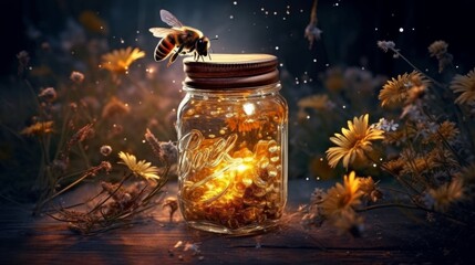 Harvest of various sorts of honey in glass jars and jugs with flowers. Still life of bee honey on the table by candlelight. Generative AI