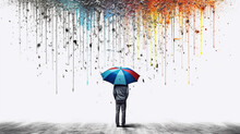 A Colorless Man In A No-color Street With A Colorful Umbrella During Colorful Rain. Colorful Digital Art On White Background. Vibrant Color. Generative AI