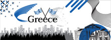 Greece National Day Banner With Greece National Flag Colors, Building Theme Background And Lines, Abstract Retro Modern Blue Design. Greek Landmark, Athens, Independence Day Celebration